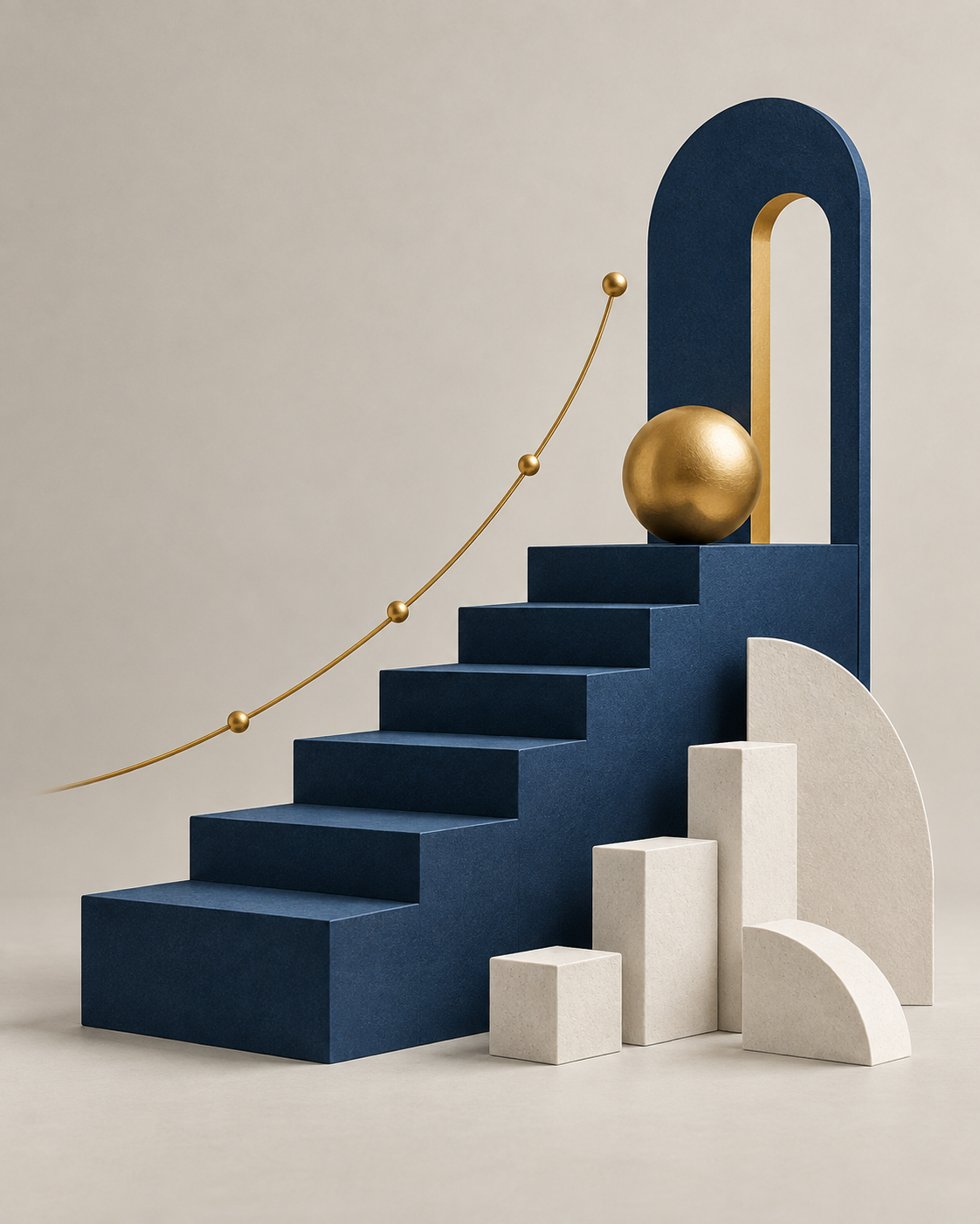 Original sculptural artwork of navy steps rising toward a gold-accented doorway